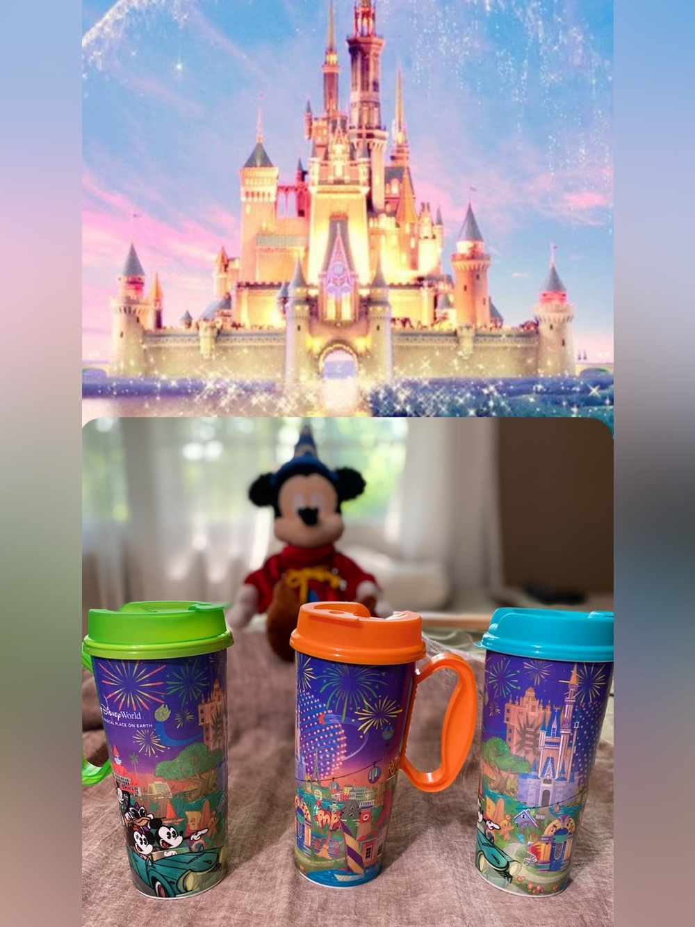 Disney Multicolor Castle Travel Tumblers with Blue, Green & Orange Lids